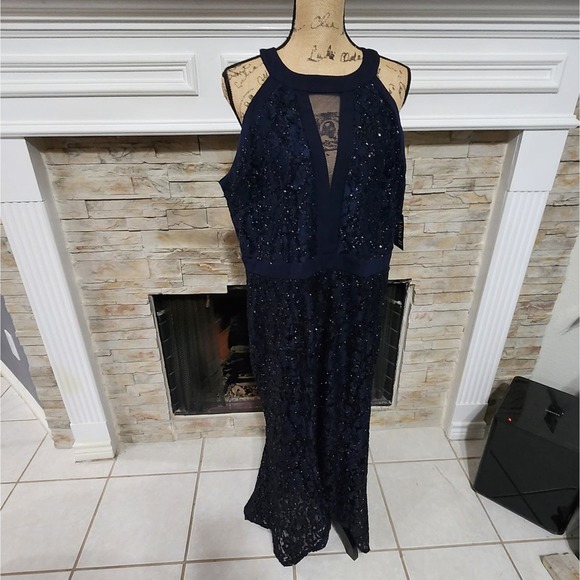 Alexa B. NITES Navy Lace And Mesh Party Maxi Dress Plus‎ Size 18W 2X New! - Picture 1 of 9